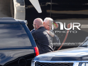 Governor and Vice Presidential nominee Tim Walz arrives in Green Bay, Wisconsin, on October 14, 2024 (