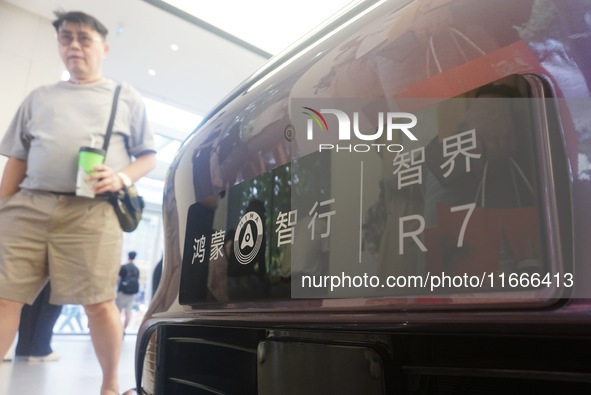 A customer watches a Huawei HIMA (Harmony Intelligent Mobility Alliance) LUXEED R7 in a Huawei store in Hangzhou, Zhejiang Province, China,...