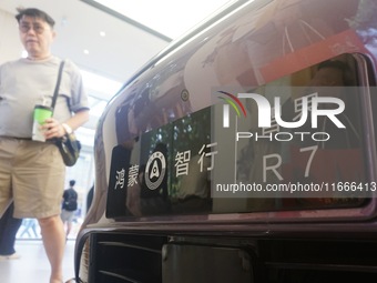 A customer watches a Huawei HIMA (Harmony Intelligent Mobility Alliance) LUXEED R7 in a Huawei store in Hangzhou, Zhejiang Province, China,...