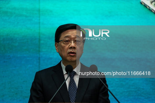 Hong Kong Chief Executive John Lee speaks at a press conference before his Executive Council meeting in Hong Kong, China, on October 15, 202...