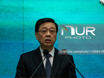 Hong Kong Chief Executive John Lee speaks at a press conference before his Executive Council meeting in Hong Kong, China, on October 15, 202...