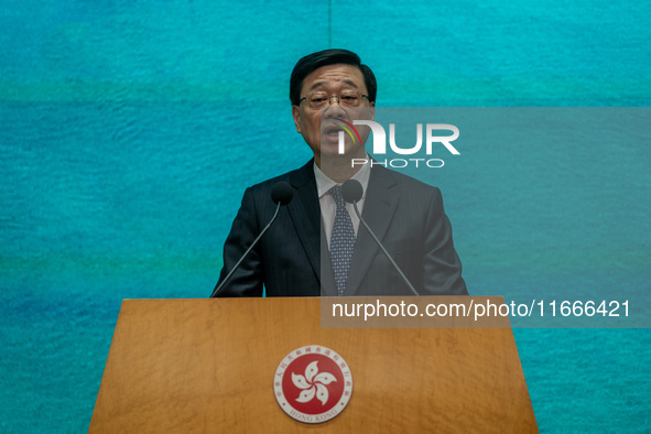 Hong Kong Chief Executive John Lee speaks at a press conference before his Executive Council meeting in Hong Kong, China, on October 15, 202...