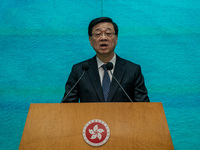 Hong Kong Chief Executive John Lee speaks at a press conference before his Executive Council meeting in Hong Kong, China, on October 15, 202...