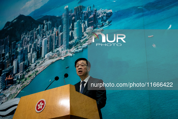 Hong Kong Chief Executive John Lee speaks at a press conference before his Executive Council meeting in Hong Kong, China, on October 15, 202...