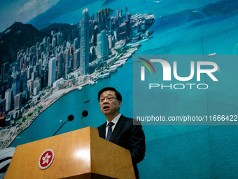 Hong Kong Chief Executive John Lee speaks at a press conference before his Executive Council meeting in Hong Kong, China, on October 15, 202...