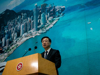 Hong Kong Chief Executive John Lee speaks at a press conference before his Executive Council meeting in Hong Kong, China, on October 15, 202...