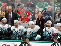 Seattle head coach Dan Bylsma and assistant coach Jessica Campbell are present during the NHL match between the Dallas Stars and the Seattle...