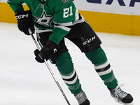 Jason Robertson #21 of the Dallas Stars controls the puck during the NHL match between the Dallas Stars and the Seattle Kraken at American A...