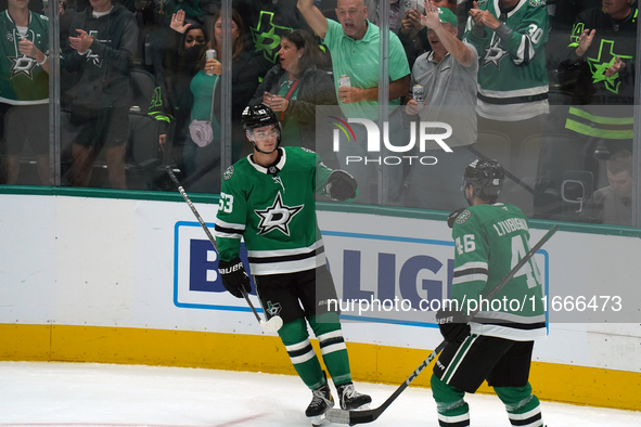 Wyatt Johnston #53 of the Dallas Stars celebrates after scoring a goal during the NHL match between the Dallas Stars and the Seattle Kraken...