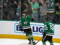 Wyatt Johnston #53 of the Dallas Stars celebrates after scoring a goal during the NHL match between the Dallas Stars and the Seattle Kraken...