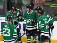 Jamie Benn #14, Esa Lindell #23, Logan Stankoven #11, and Ilya Lyubushkin #46 of the Dallas Stars join on the ice during the NHL match betwe...