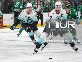 Jordan Eberle #7 of the Seattle Kraken skates on the ice with the puck during the NHL match between the Dallas Stars and the Seattle Kraken...