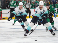 Jordan Eberle #7 of the Seattle Kraken skates on the ice with the puck during the NHL match between the Dallas Stars and the Seattle Kraken...