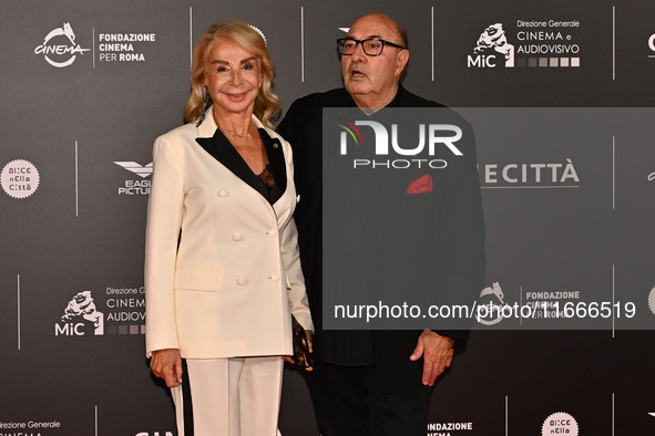 Francesca Lo Schiavo and Dante Ferretti attend the red carpet for the film Megalopolis at Cinecitta Studios in Rome, Italy, on October 14, 2...