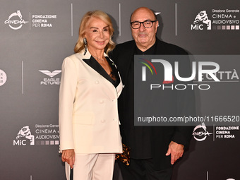 Francesca Lo Schiavo and Dante Ferretti attend the red carpet for the film Megalopolis at Cinecitta Studios in Rome, Italy, on October 14, 2...