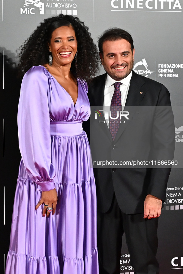 Denny Mendez and Gimmi Cangiano attend the red carpet for the film Megalopolis at Cinecitta Studios in Rome, Italy, on October 14, 2024. 