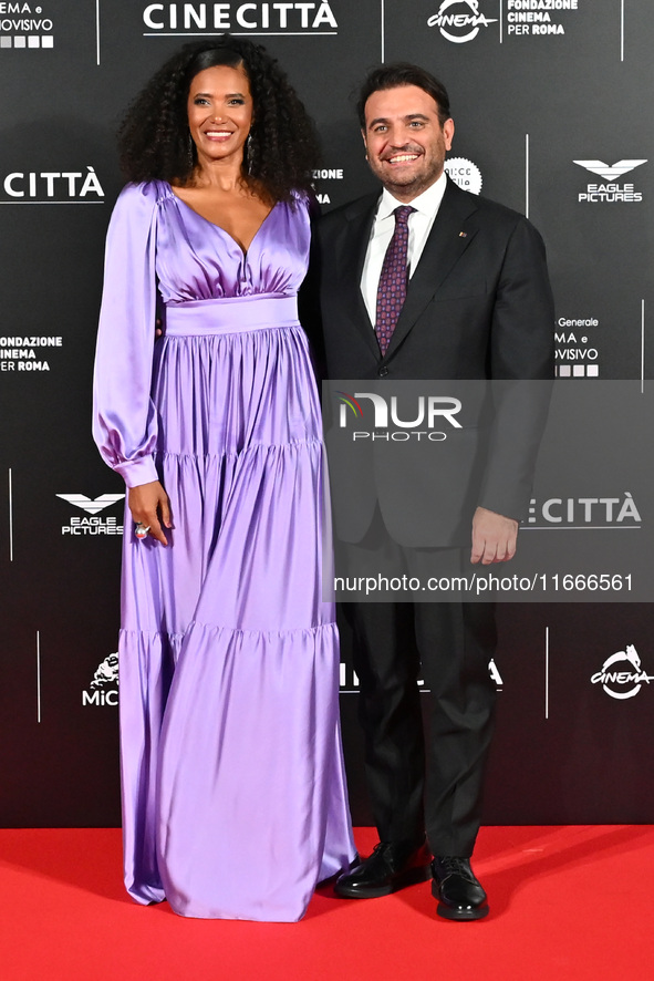 Denny Mendez and Gimmi Cangiano attend the red carpet for the film Megalopolis at Cinecitta Studios in Rome, Italy, on October 14, 2024. 