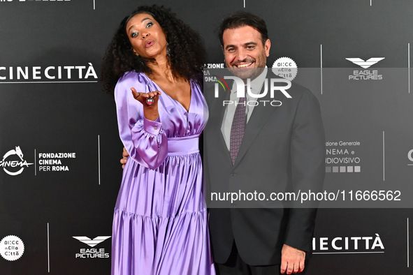 Denny Mendez and Gimmi Cangiano attend the red carpet for the film Megalopolis at Cinecitta Studios in Rome, Italy, on October 14, 2024. 