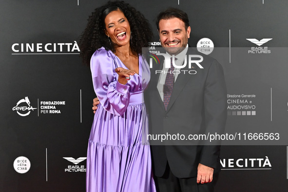 Denny Mendez and Gimmi Cangiano attend the red carpet for the film Megalopolis at Cinecitta Studios in Rome, Italy, on October 14, 2024. 