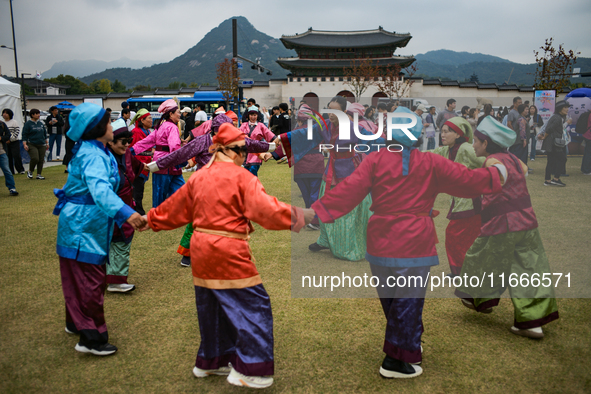 A traditional Buyeo dance performance, organized by Gongju City, takes place at Gwanghwamun Square in Seoul, South Korea, on October 15, 202...