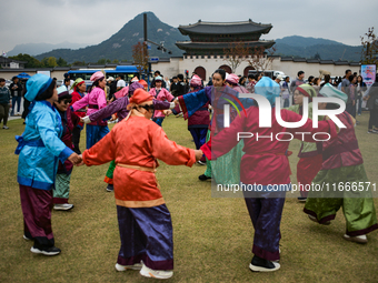 A traditional Buyeo dance performance, organized by Gongju City, takes place at Gwanghwamun Square in Seoul, South Korea, on October 15, 202...