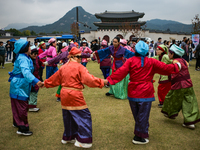 A traditional Buyeo dance performance, organized by Gongju City, takes place at Gwanghwamun Square in Seoul, South Korea, on October 15, 202...