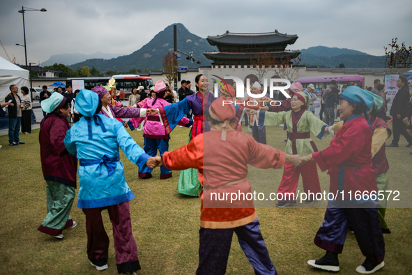 A traditional Buyeo dance performance, organized by Gongju City, takes place at Gwanghwamun Square in Seoul, South Korea, on October 15, 202...