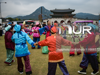 A traditional Buyeo dance performance, organized by Gongju City, takes place at Gwanghwamun Square in Seoul, South Korea, on October 15, 202...