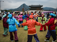 A traditional Buyeo dance performance, organized by Gongju City, takes place at Gwanghwamun Square in Seoul, South Korea, on October 15, 202...