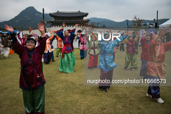 A traditional Buyeo dance performance, organized by Gongju City, takes place at Gwanghwamun Square in Seoul, South Korea, on October 15, 202...