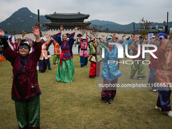 A traditional Buyeo dance performance, organized by Gongju City, takes place at Gwanghwamun Square in Seoul, South Korea, on October 15, 202...