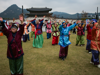 A traditional Buyeo dance performance, organized by Gongju City, takes place at Gwanghwamun Square in Seoul, South Korea, on October 15, 202...