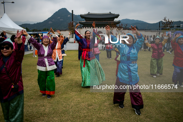 A traditional Buyeo dance performance, organized by Gongju City, takes place at Gwanghwamun Square in Seoul, South Korea, on October 15, 202...