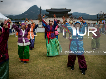 A traditional Buyeo dance performance, organized by Gongju City, takes place at Gwanghwamun Square in Seoul, South Korea, on October 15, 202...