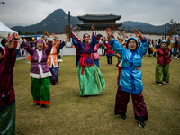 A traditional Buyeo dance performance, organized by Gongju City, takes place at Gwanghwamun Square in Seoul, South Korea, on October 15, 202...