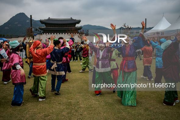 A traditional Buyeo dance performance, organized by Gongju City, takes place at Gwanghwamun Square in Seoul, South Korea, on October 15, 202...