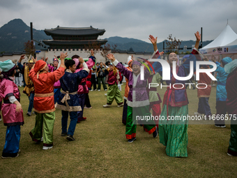 A traditional Buyeo dance performance, organized by Gongju City, takes place at Gwanghwamun Square in Seoul, South Korea, on October 15, 202...