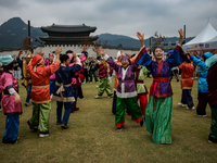 A traditional Buyeo dance performance, organized by Gongju City, takes place at Gwanghwamun Square in Seoul, South Korea, on October 15, 202...