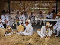 Traditional musicians take a break during the reenactment of the Dangjin Gijisi Tug-of-War, as part of the '2025-2026 Visit Chungnam Year' p...