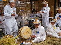 Traditional musicians take a break during the reenactment of the Dangjin Gijisi Tug-of-War, as part of the '2025-2026 Visit Chungnam Year' p...