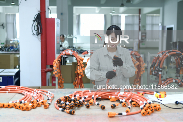 Workers produce new energy commercial vehicle parts at a workshop in Haian, Jiangsu province, China, on October 15, 2024. 