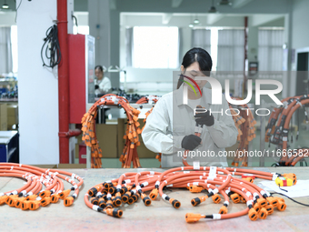 Workers produce new energy commercial vehicle parts at a workshop in Haian, Jiangsu province, China, on October 15, 2024. (