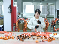 Workers produce new energy commercial vehicle parts at a workshop in Haian, Jiangsu province, China, on October 15, 2024. (