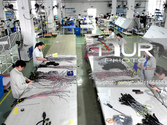 Workers produce new energy commercial vehicle parts at a workshop in Haian, Jiangsu province, China, on October 15, 2024. (