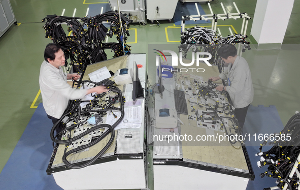 Workers produce new energy commercial vehicle parts at a workshop in Haian, Jiangsu province, China, on October 15, 2024. 