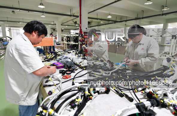 Workers produce new energy commercial vehicle parts at a workshop in Haian, Jiangsu province, China, on October 15, 2024. 