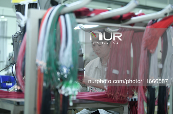 Workers produce new energy commercial vehicle parts at a workshop in Haian, Jiangsu province, China, on October 15, 2024. 