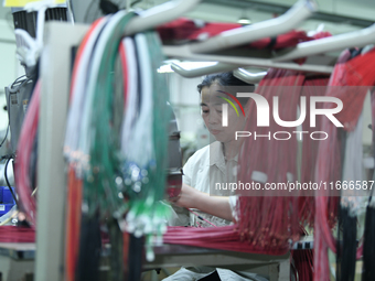 Workers produce new energy commercial vehicle parts at a workshop in Haian, Jiangsu province, China, on October 15, 2024. (