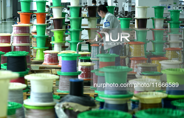 Workers produce new energy commercial vehicle parts at a workshop in Haian, Jiangsu province, China, on October 15, 2024. 