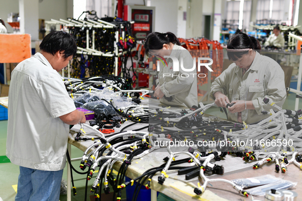 Workers produce new energy commercial vehicle parts at a workshop in Haian, Jiangsu province, China, on October 15, 2024. 